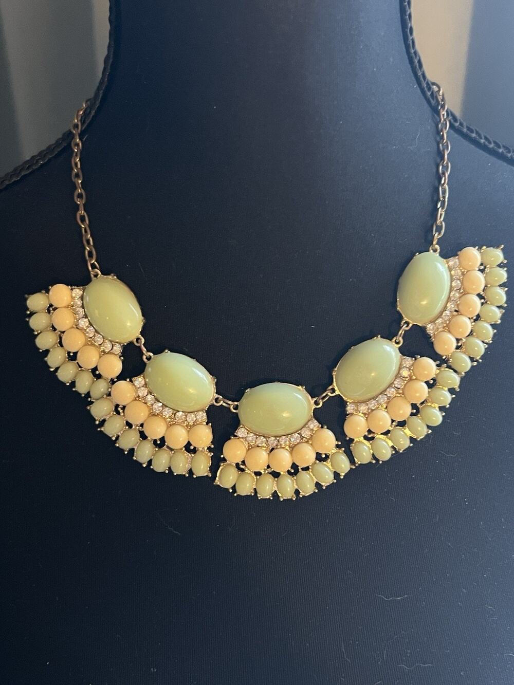 Vintage Roberta Chiarella Green Glass Rhinestone Beaded Bib Statement Necklace